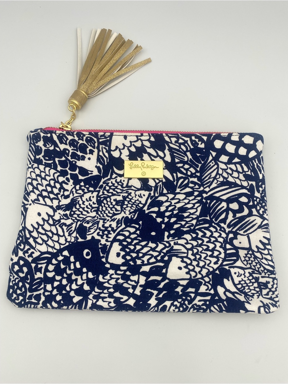 Lilly Pulitzer Target Navy and White Fish Print Cosmetic Pouch with Gold Tassel